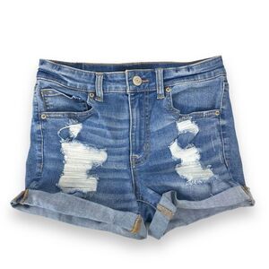 AERO Distressed Denim Shorts High‎ Rise Cuffed Hem Blue Wash Size 4